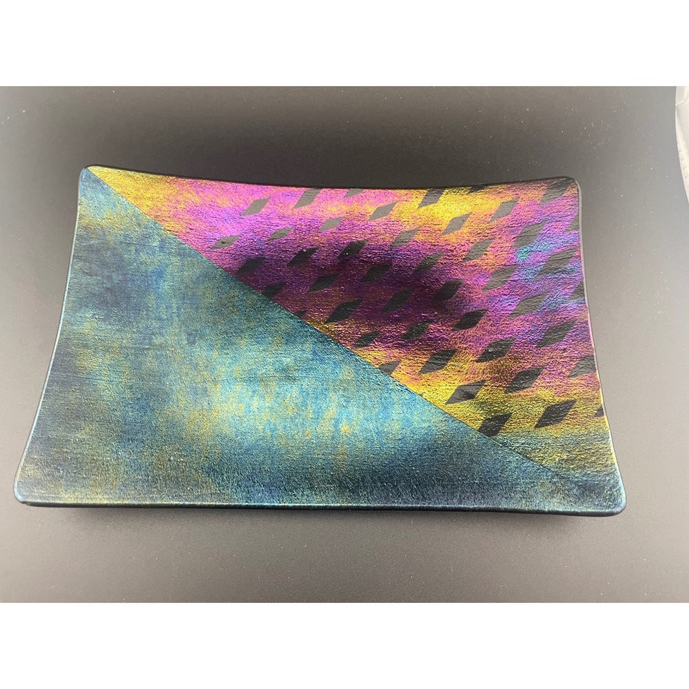 Kurt McVay 1986 Studio Art Glass Tray Iridescent‎ Fused Glass, Modern Geometric